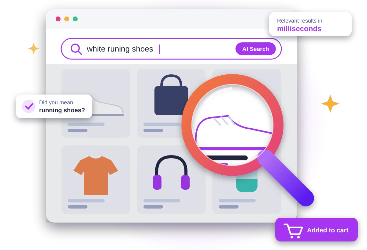 Dealpoa AI search hero Magnifying glass over an online store search showing AI search finding the right product